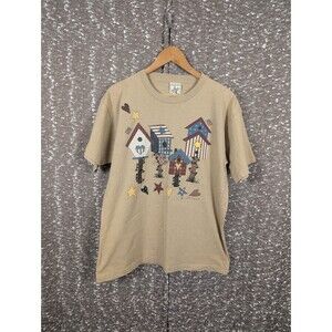 Vintage Alore USA Birdhouse Graphic T-Shirt‎ Tan Crew Sz Large Made USA